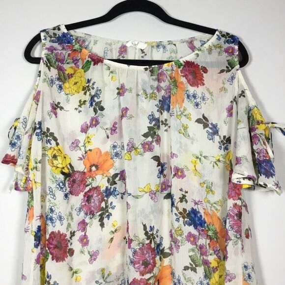 Sheer coverup cold shoulder with tie up bright flowers floaty beachy hippie XL - Picture 2 of 8